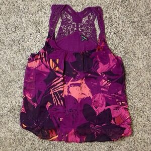 Express Top Womens Medium Purple Pink Floral Geometric Crochet Back Tank Shirt